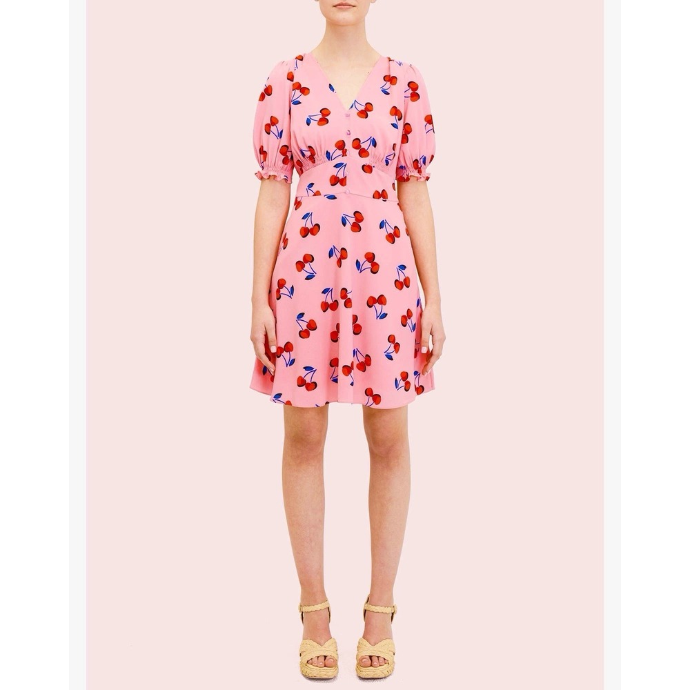 Kate Spade NY Cherry Toss Printed Mini Dress Size 00 Rosy Carnation Pocket *READ